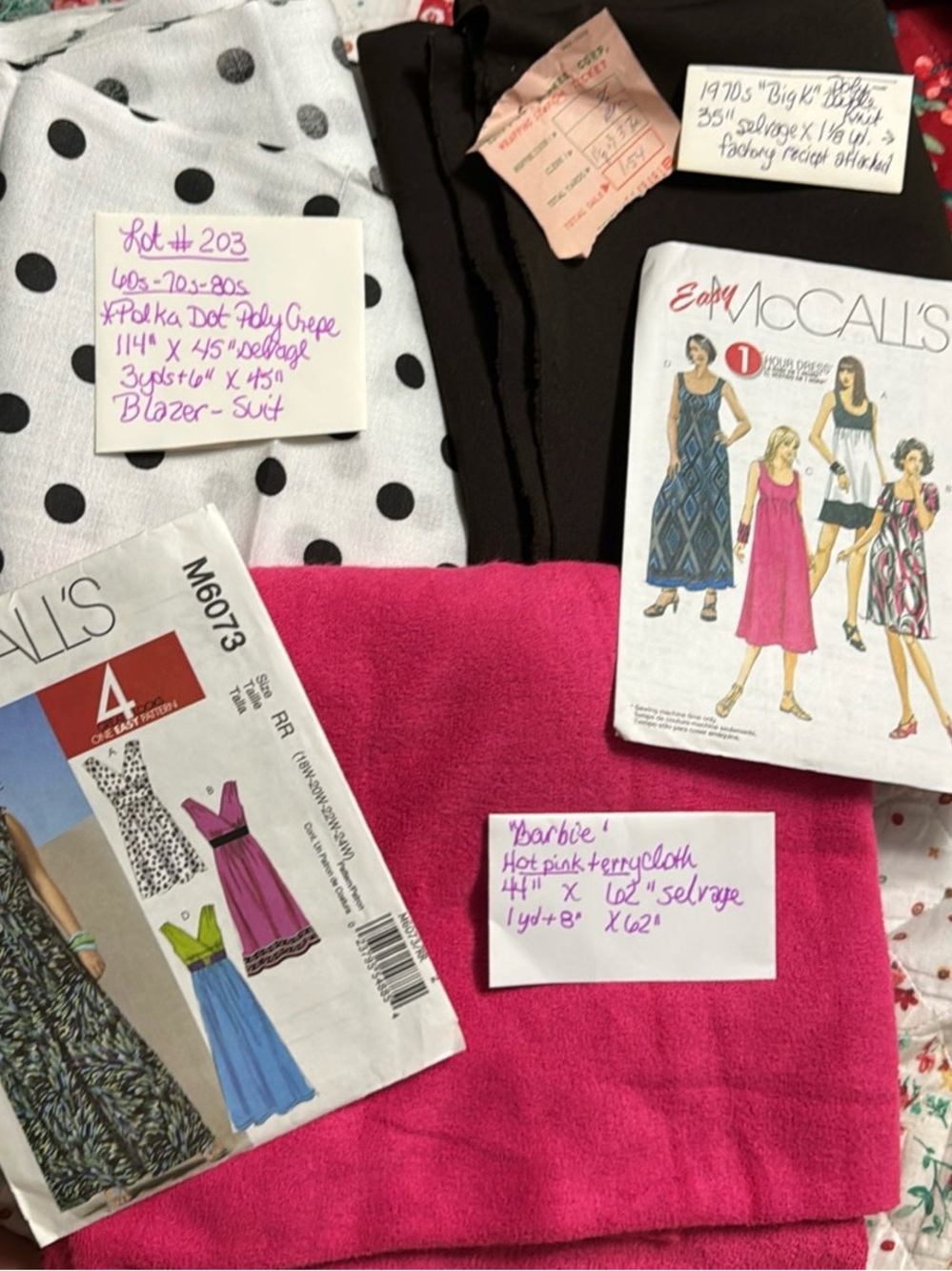 Vintage Fabric Lot + Sewing Patterns Pink Barbie Style Polka Dot 1970s Knit